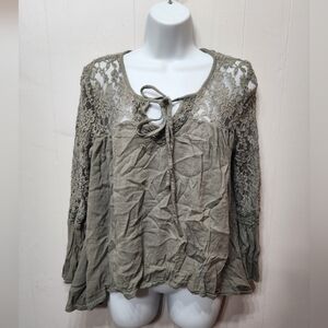 Mudd Top Large Lace‎ Trimmed Olive Green Casual Long Sleeve Lightweight C442Z